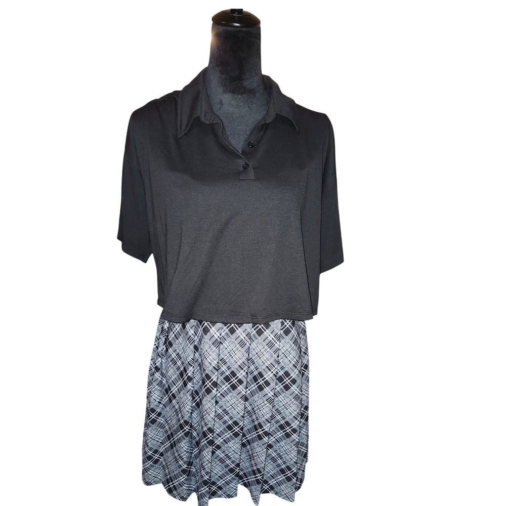 Kingston Grey Womens Black Grey Plaid‎ Polo Crop Top Skirt Set Size L
